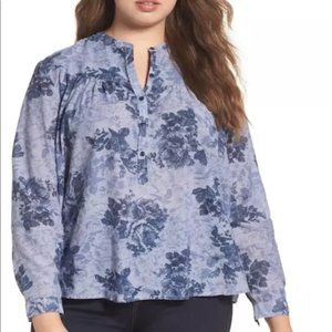 EUC Plus Size Lucky Brand Floral Blue Pinstripe Floral Top - Size 2X